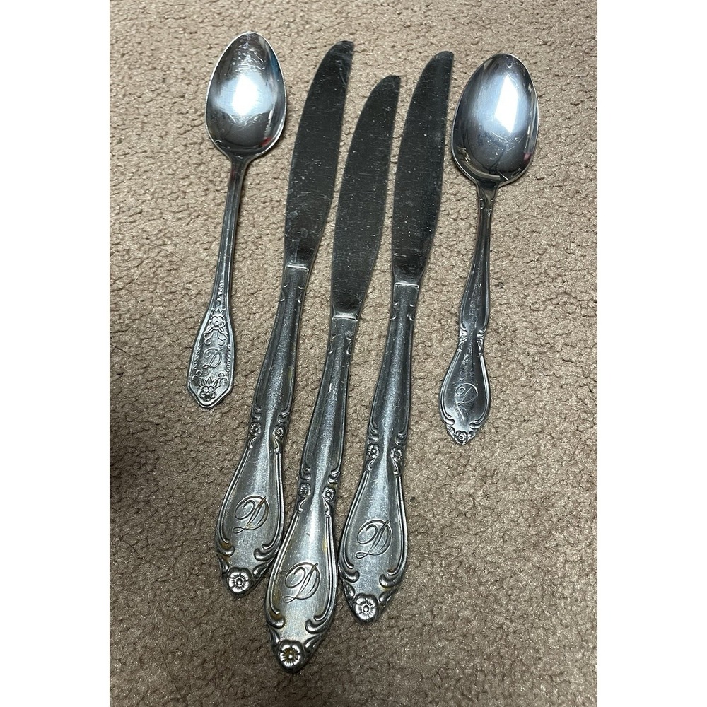 Customcraft Stainless Steel 5 Flatware Monogram "D" Vintage 3 Knives 2 Spoons